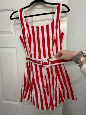Red & White Striped Sleeveless Romper with Belt